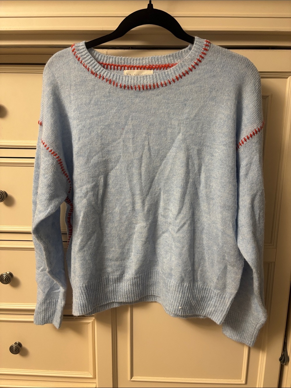 Women's Light Blue Crewneck Sweater with Red Contrast Stitching